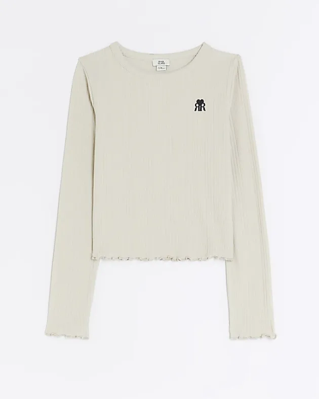 River Island Girls stone long sleeve rib lettuce hem top< Tops & T-shirts