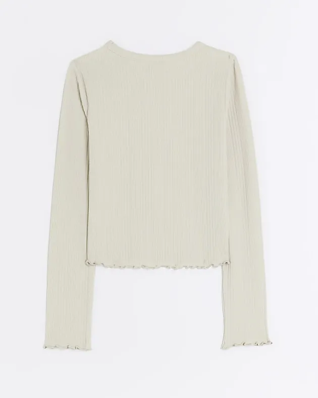 River Island Girls stone long sleeve rib lettuce hem top< Tops & T-shirts