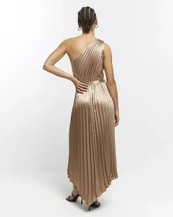 River Island Gold plisse asymmetric slip midi dress< Dresses