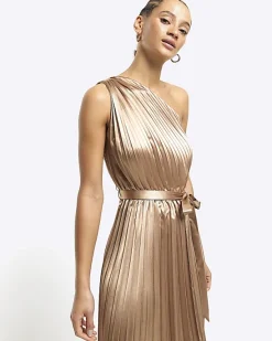 River Island Gold plisse asymmetric slip midi dress< Dresses