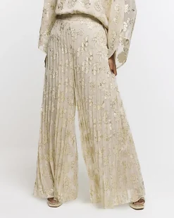 River Island Gold plisse glitter wide leg trousers< Trousers