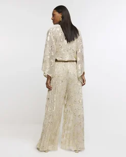 River Island Gold plisse glitter wide leg trousers< Trousers