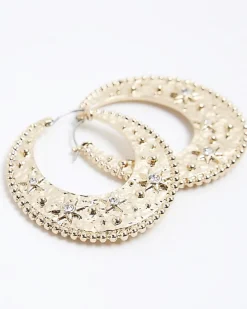 River Island Gold Textured Flat Hoop Earrings< Jewellery