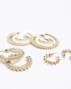 River Island Gold Textured Hoop Earrings Multipack< Jewellery