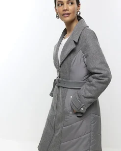 River Island faux fur collar belted jacket< Coats & Jackets