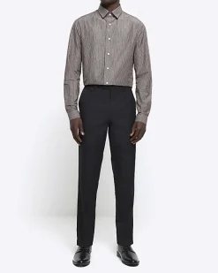 River Island Grey regular fit stripe long sleeve shirt< Shirts