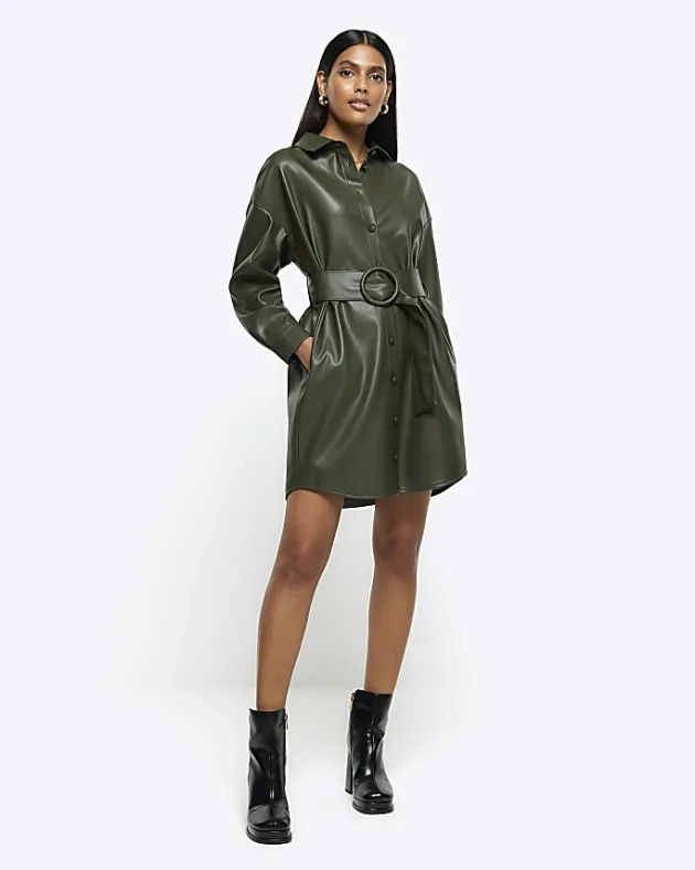 River Island faux leather belted mini shirt dress< Dresses
