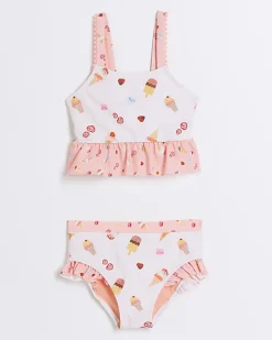 River Island Mini girls pink ice frill bikini set< 3 - 5 Yrs