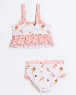 River Island Mini girls pink ice frill bikini set< 3 - 5 Yrs