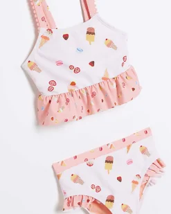 River Island Mini girls pink ice frill bikini set< 3 - 5 Yrs