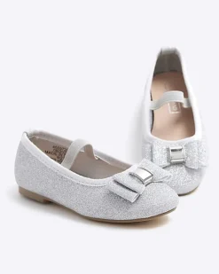 River Island Mini girls silver glitter bow ballet pumps< Shoes & Boots