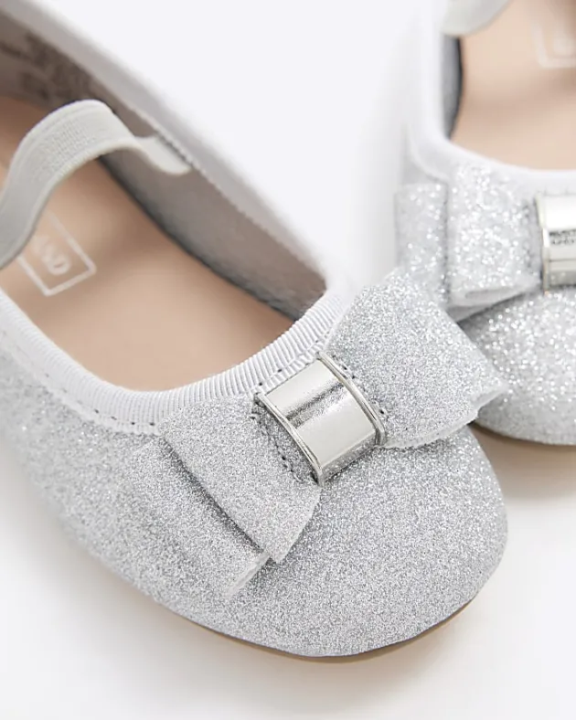 River Island Mini girls silver glitter bow ballet pumps< Shoes & Boots