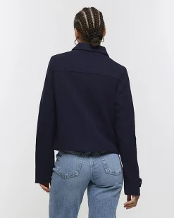 River Island Navy button detail crop jacket< Coats & Jackets
