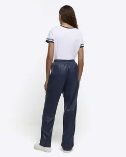 River Island Navy faux leather wide leg trousers< Trousers