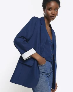 River Island Navy rolled sleeve relaxed blazer< Suits & Tailoring