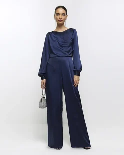 River Island Navy satin open back jumpsuit< Jumpsuits & Playsuits