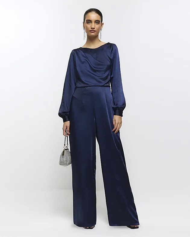 River Island Navy satin open back jumpsuit< Jumpsuits & Playsuits