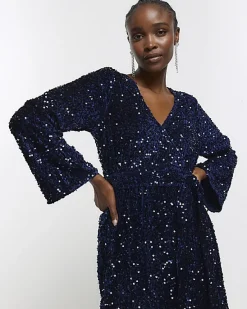 River Island Navy sequin tie waist shift mini dress< Dresses
