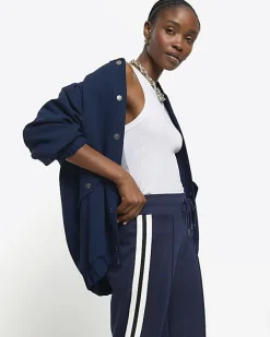 River Island Navy side stripe wide leg joggers< Trousers