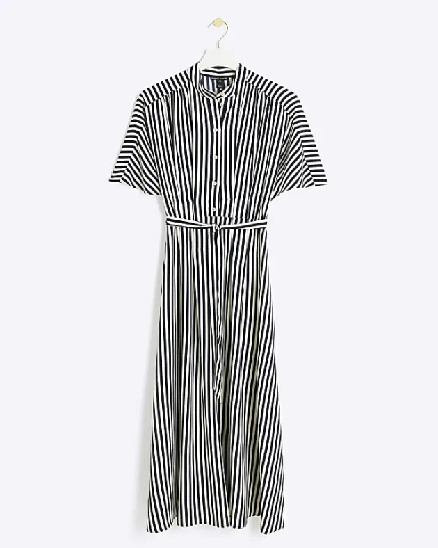 River Island Navy stripe belted midi shirt dress< Dresses