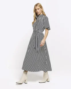 River Island Navy stripe belted midi shirt dress< Dresses