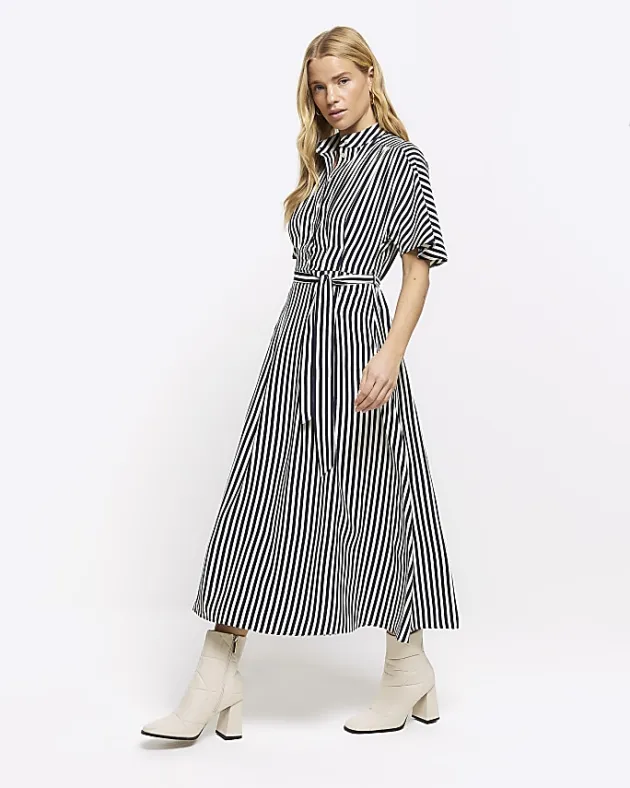 River Island Navy stripe belted midi shirt dress< Dresses
