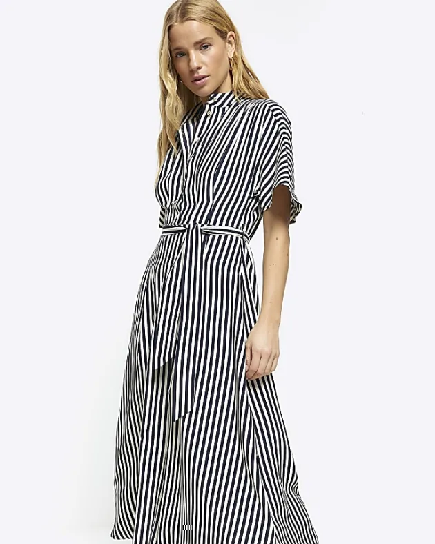 River Island Navy stripe belted midi shirt dress< Dresses