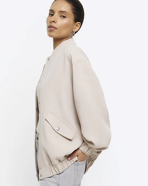 River Island Petite beige oversized bomber jacket< Petite