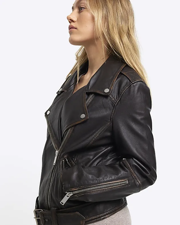 River Island Petite leather oversized biker jacket< Petite