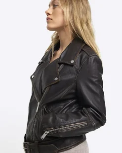 River Island Petite leather oversized biker jacket< Petite