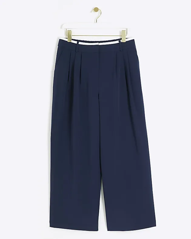 River Island Petite navy side stripe wide leg trousers< Petite