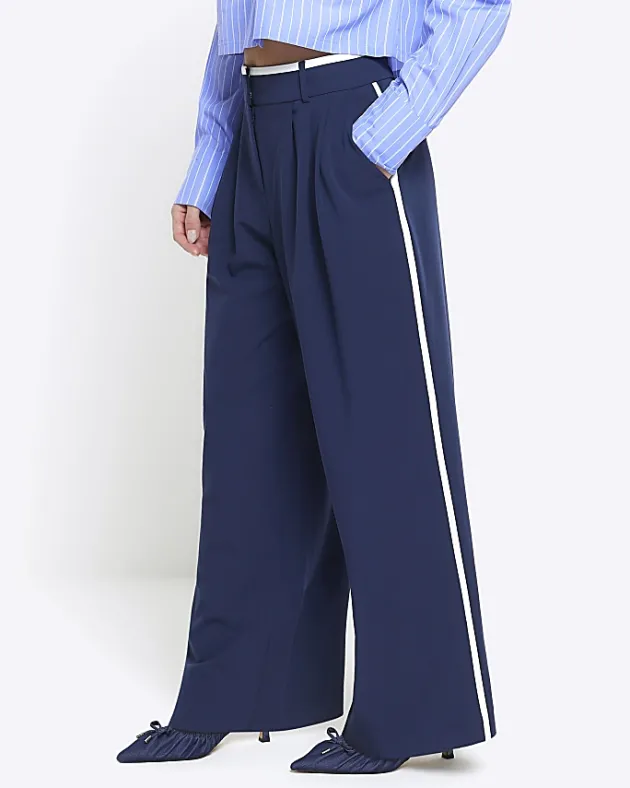 River Island Petite navy side stripe wide leg trousers< Petite