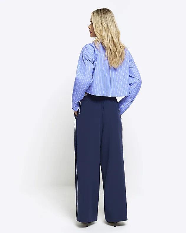 River Island Petite navy side stripe wide leg trousers< Petite