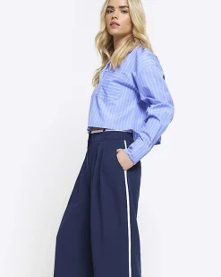 River Island Petite navy side stripe wide leg trousers< Petite