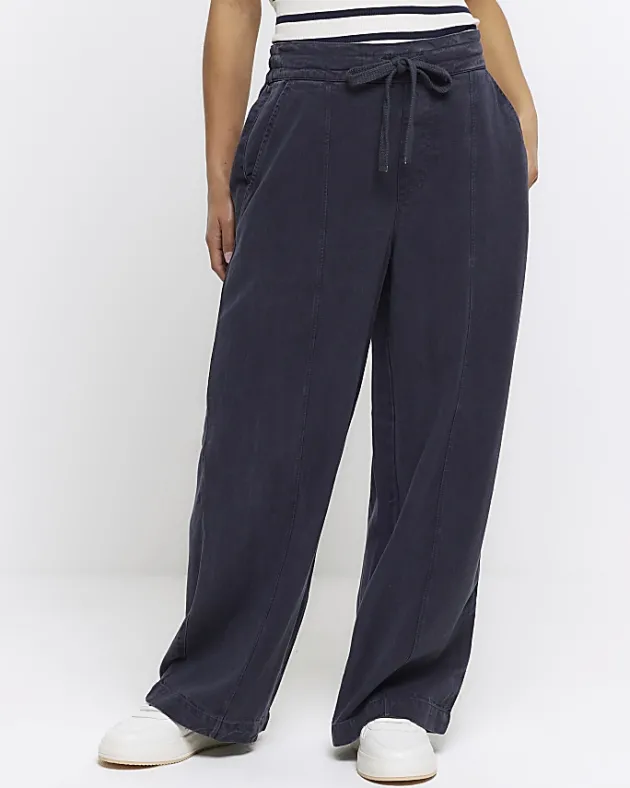 River Island Petite Navy wide leg lyocell trousers< Trousers
