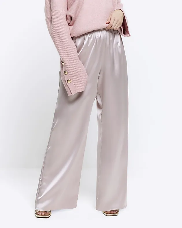 River Island Petite silver satin wide leg trousers< Petite