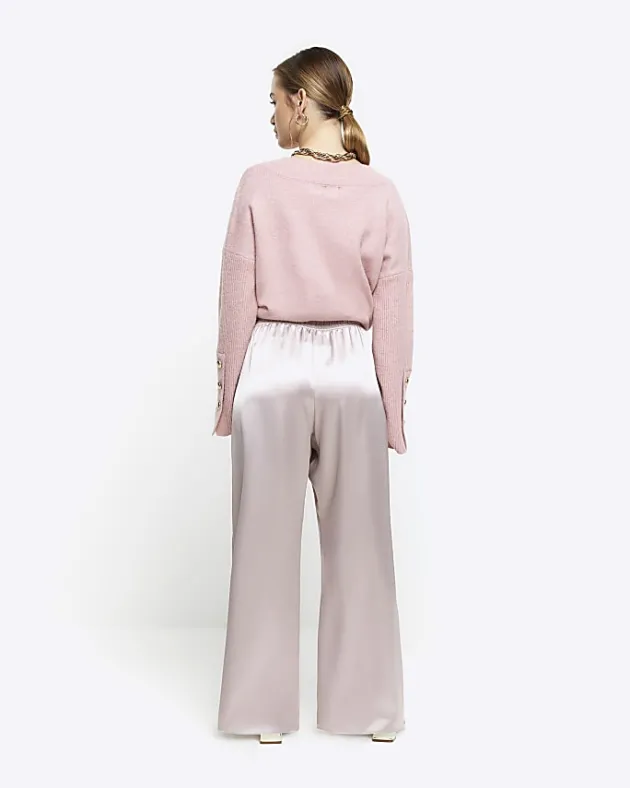 River Island Petite silver satin wide leg trousers< Petite