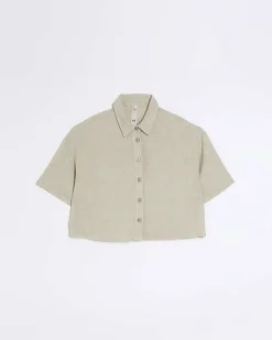 River Island Petite stone crop shirt with linen< Petite