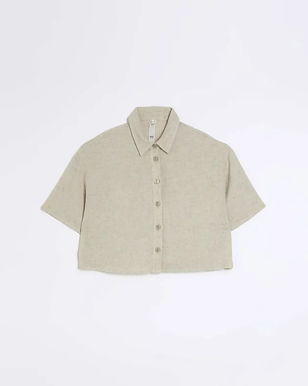 River Island Petite stone crop shirt with linen< Petite