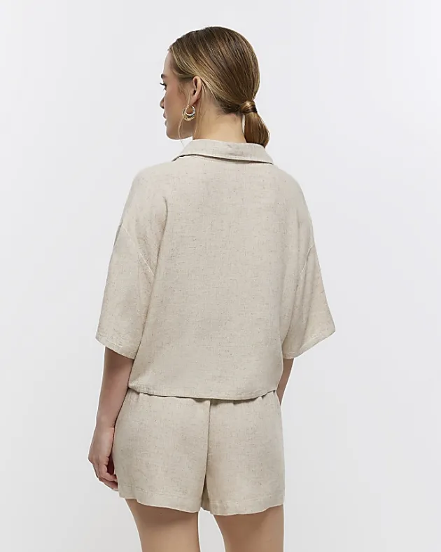 River Island Petite stone crop shirt with linen< Petite