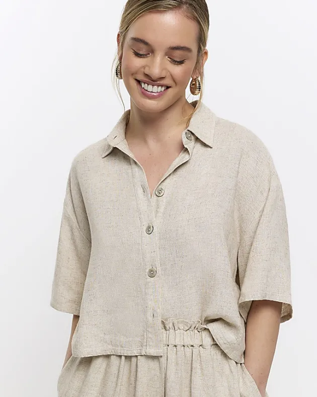River Island Petite stone crop shirt with linen< Petite