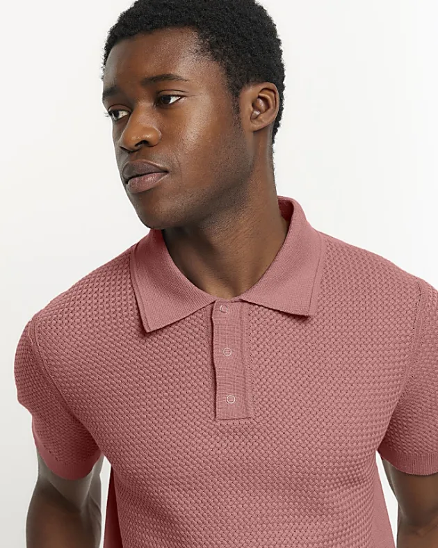 River Island slim fit textured knit polo< Polo Shirts