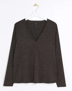 River Island Plus bronze rib glitter long sleeve top< Plus