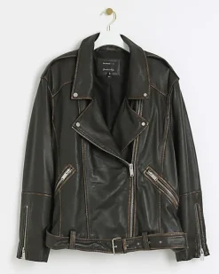 River Island Plus leather oversized biker jacket< Plus