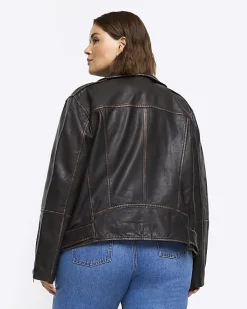 River Island Plus leather oversized biker jacket< Plus