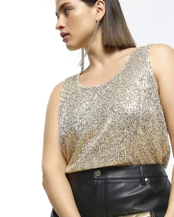 River Island Plus gold sequin tank top< Plus