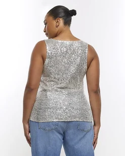 River Island Plus silver sequin tank top< Plus
