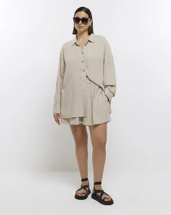 River Island Plus stone oversized shirt with linen< Plus