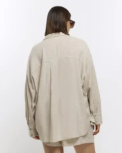 River Island Plus stone oversized shirt with linen< Plus