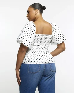 River Island Plus Polka Dot Shirred Bardot Top< Plus